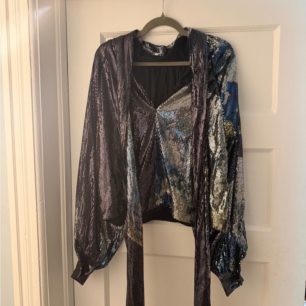 Ganni Iridescent Sequin Bomber Jacket in Blue and Silver